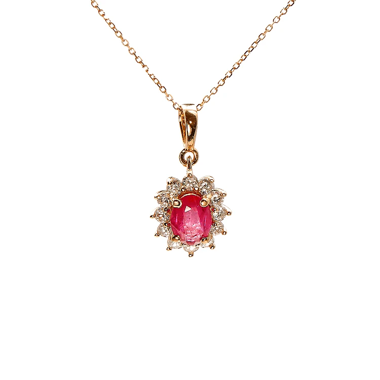 Pendentif Halo en or rose 14 carats avec rubis ovale et diamants - modèle pan055