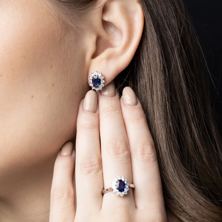 Set Completo Orecchini Anello e Pendente Kate Middleton in Oro con Zaffiri e Diamanti Naturali set055SfDi