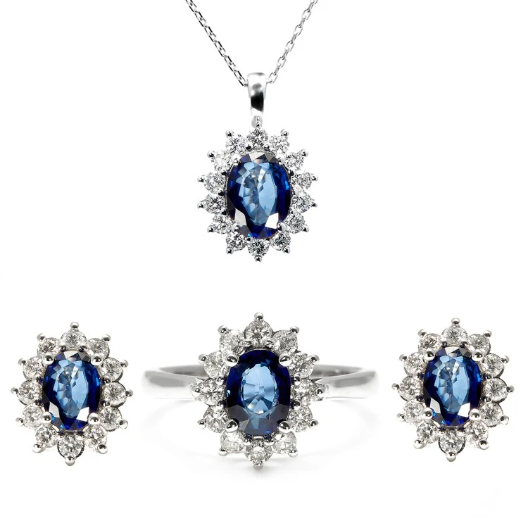 Set Completo Orecchini Anello e Pendente Kate Middleton in Oro con Zaffiri e Diamanti Naturali set055SfDi