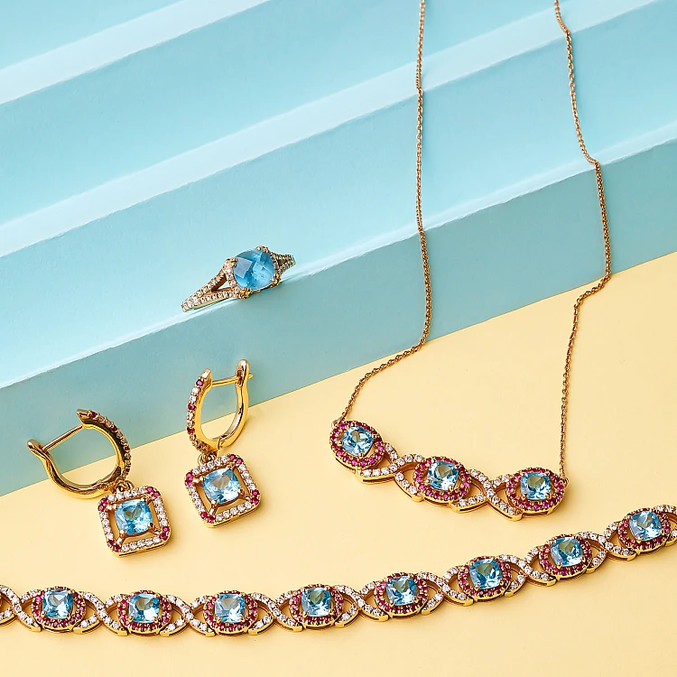 Set moda orecchini bracciale anello e pendente in oro con topazi, diamanti e rubini set2705