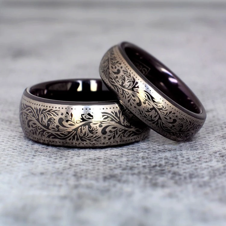 Anillos de boda de tungsteno con tratamiento PVD y grabado láser con diseño veneciano - modelo v126