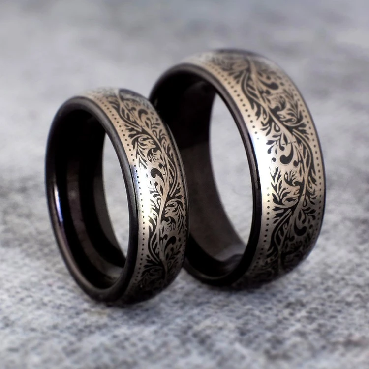Anillos de boda de tungsteno con tratamiento PVD y grabado láser con diseño veneciano - modelo v126