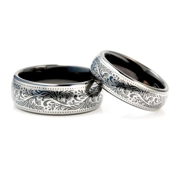 Anillos de boda de tungsteno con tratamiento PVD y grabado láser con diseño veneciano - modelo v126