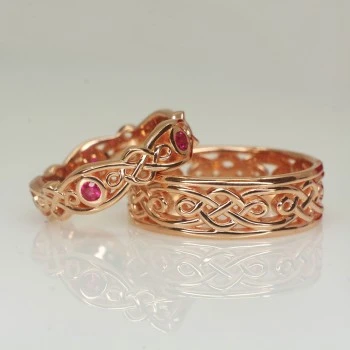 Celtic Pattern Wedding Rings in 18k Gold or Platinum with Rubies - model v1542