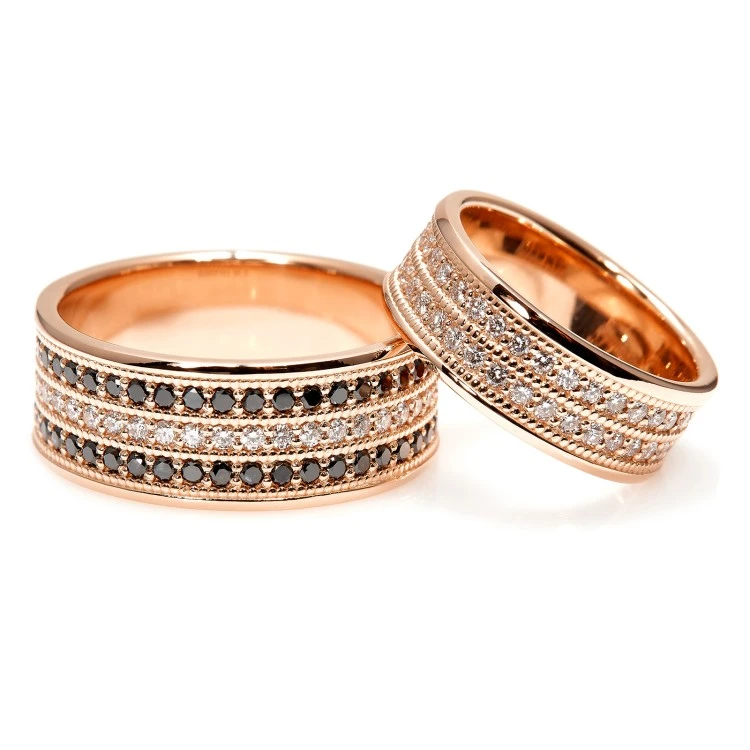 Eheringe v225.1 in Gold oder Platin mit farblosen und schwarzen Diamanten