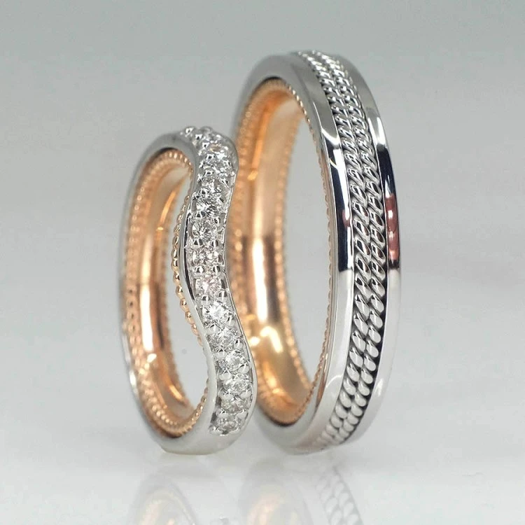 Anillos de boda vintage de oro o platino trenzado con diamantes - modelo v228