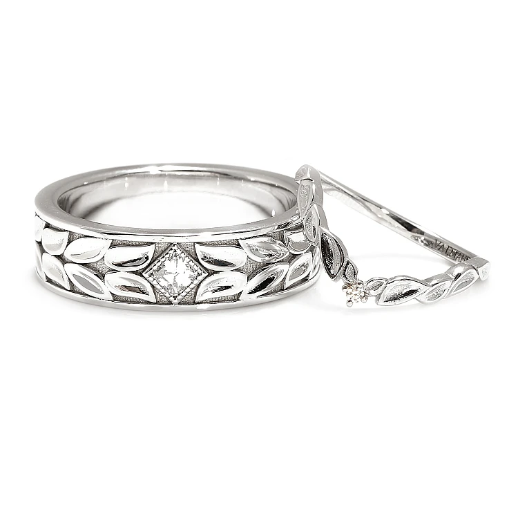 Anillos de boda de oro de 18 quilates con diseño láser inspirado en la naturaleza y diamantes - modelo v4687