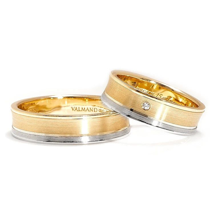 18k Gold Bicolor Wedding Rings Concave Profile with Diamond - model v4785